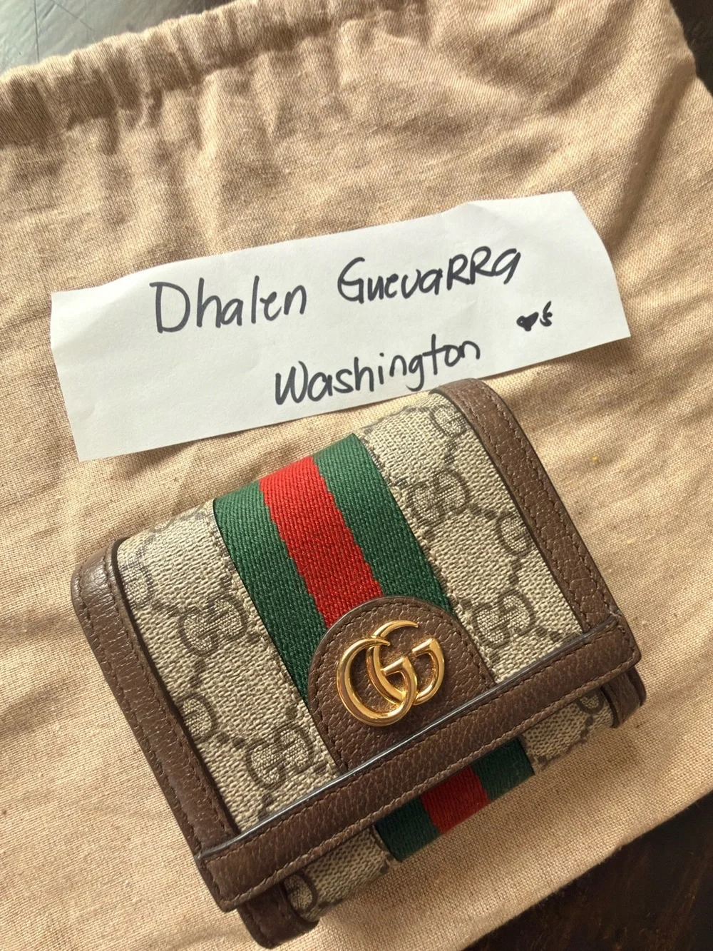 Gucci Brown GG Canvas Wallet with Green and Red Web and Gold GG